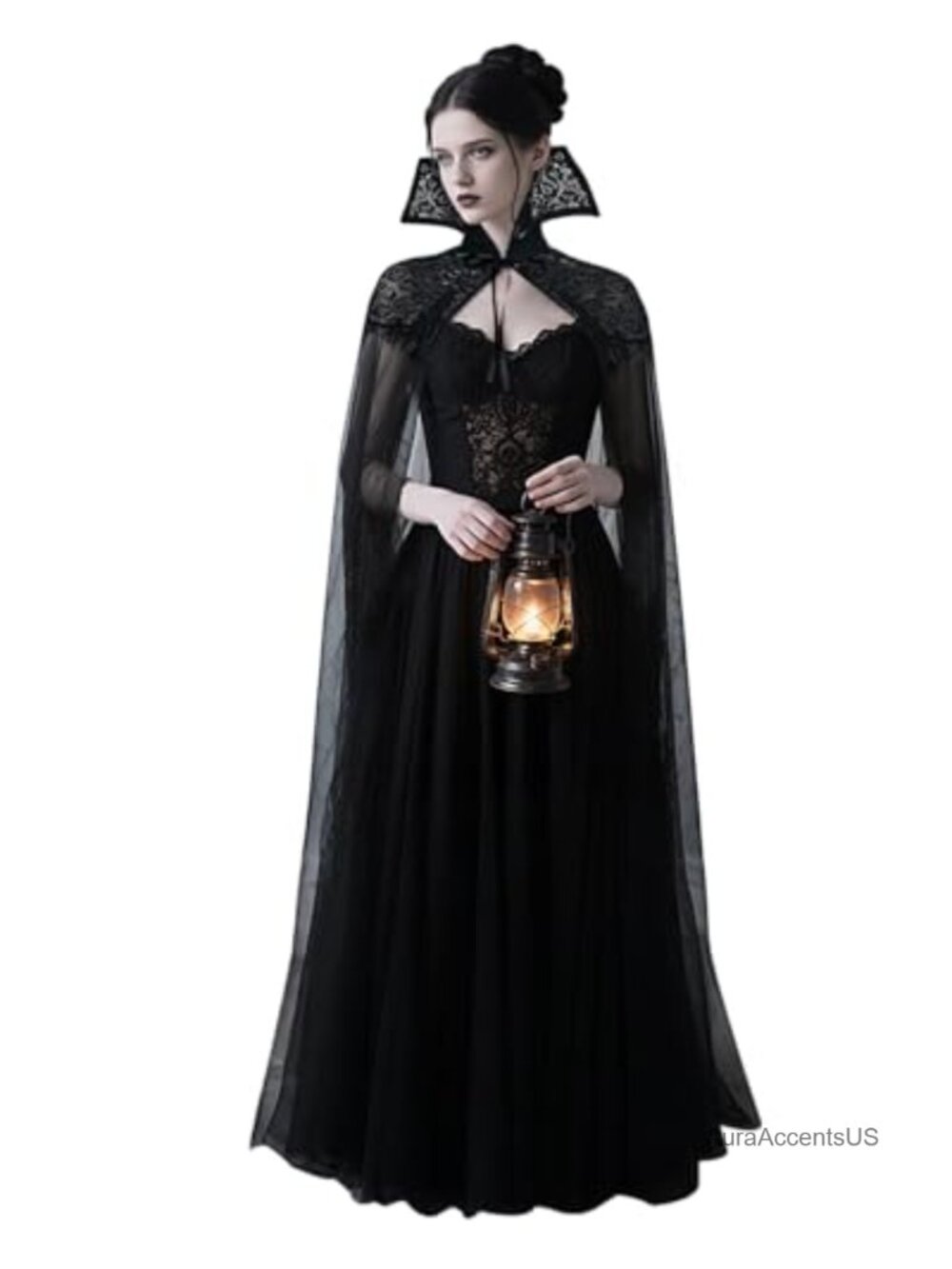 Gothic Lace Stand Up Collar Sheer Tulle Cape Women's Vampire Cloak